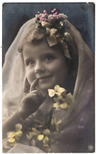 Postcard Antique Moreau & Kavitizky Little Girl Veil Photo Tinted Flowers picture