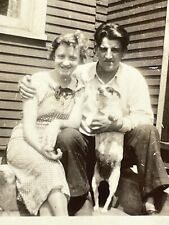 YH Photograph Cute Couple Pose On Porch Portrait Sunlight Holding Dog 1930's picture