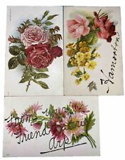Early 1900s 3 Flowers Postcards Antique Embossed  VG/F picture