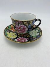 CHINESE ZHONGGUO ZHI ZAO PORCELAIN BLACK FLORAL 24K GOLD TRIM CUP SAUCER picture
