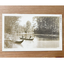 Vintage 1900s Men and Child in Canoe Boat Postcard RPPC Black and White picture