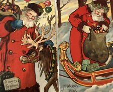 2 Christmas Red Robe Santa Claus Reindeer Balloons Postcard Embossed German ￼ picture