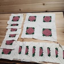 VTG 50's Raised Hand Crochet Pink Rose Green White Unfinished Doily 19 Squares picture