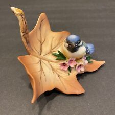 Vtg Capodimonte Bluebird Porcelain Collectible On Leaf Pink Flowers Figurine picture