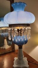 Fenton Blue Melon and Milk Glass Lamp with Crystal Prisms picture
