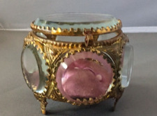 Vintage Gold Ormolu 6-Sided Jewelry Casket Box, Beveled Glass Windows France 3
