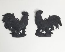 Two Cast Aluminum Chickens Roosters Black Wall Hanging Decor Used picture