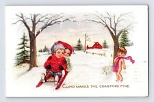 Postcard Valentine's Day Cupid Children Sled 1920 Posted Boston Massachusetts picture