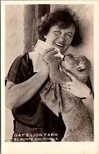 Real Photo Postcard Gay's Lion Farm in El Monte, California Woman Feeding Cub picture