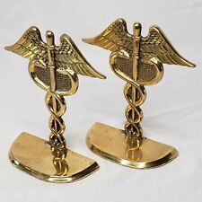 Vintage Brass Medical Caduceus Hermes Symbol Bookends 6” Tall Doctor Nurse picture