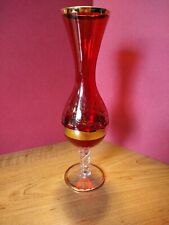 Vecchia Murano Italian Ruby Red Bud Vase 24K Gold Gilt Lace & Bands  9 5/8