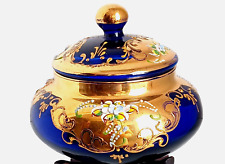 Lidded Candy Dish Tre Fuocchi Cobalt Blue Glass Gold Gilt Vintage Bohemia Floral picture