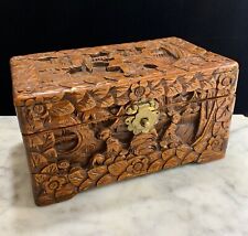 Vintage HAND CARVED WOOD TRINKET JEWELRY BOX ASIAN Hong Kong Camphor Luck Box picture