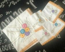 SET Vtg Antique Linen Colorful EMBROIDERED Tablecloth Napkins CROCHET 54