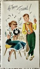 Unused Boy Girl Teen Record Music Friend Vintage Greeting Card 1940s 1950s picture