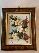 Vintage Framed CAPODIMONTE FINCHES & FLOWERS WALL PLAQUE ~ Signed ~Made in Italy picture