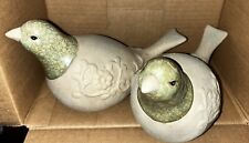 2 Ceramic Doves/Pigeons. Green Glazed Heads. Matte/Clay Bodies Floral Design 10” picture