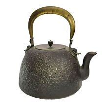 Japanese Cast Iron Teapot Antique Tetsubin Floral Brass Handle CT404 picture