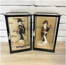 Large Vintage Japanese Geisha Doll (2 Dolls) in Display Glass/Metal Case 21”X13” picture