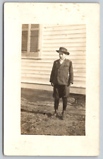 RPPC c1910s Portrait Oversized Suit Hat Next To House Young Boy picture
