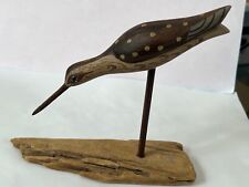 Artist Signed Carved Yellowlegs Bird Hand Painted on Driftwood Base - YONK  1985 picture