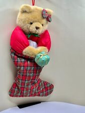 Christmas Plush Teddy Bear Red Christmas Stocking Holding a Christmas Present picture