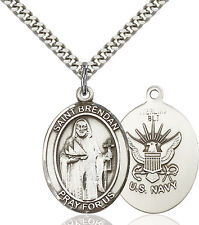 Sterling Silver St Brendan The Navigator Navy Military Catholic Medal Necklace picture