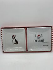 Set of 2 French Bull Dog Christmas Porcelain Fringe Trinket Trays NEW in Package picture