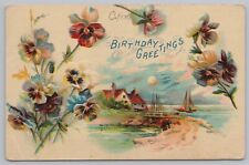 Birthday Greetings~Multicolor Flowers~Sailboat On Lake w/Bridge~House~PM 1910 PC picture