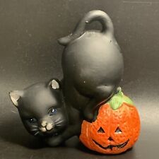 VTG Halloween Black Cat Kitty Jack O Lantern Pumpkin Figurine Blue Eyes Kitsch picture