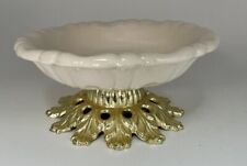 Vintage White Glass Ornate Metal Pedestal Soap Trinket Candy Bowl  picture