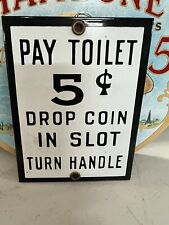 ANDY ROONEY PAY TOILET PORCELAIN 5 CENT ENAMEL SIGN 4” BY 5” SIZE picture