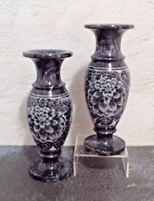 Vintage Black Onyx Marble Stone Vase Hand Etched Heavy 8