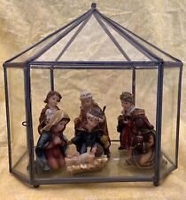 Vintage Nativity Scene Set - Enclosed In Geometric Glass Welded Showcase -7 PCs picture