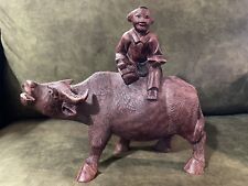Vintage Hand Carved Wood Boy on Water Buffalo Reading Ox Figure Asian Chinese picture