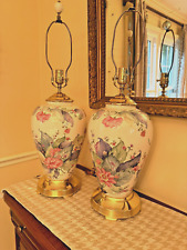 Vintage Lenox Pair 2 Tobacco Leaf Urn Porcelain Ceramic Table Lamps Asian Style picture