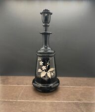 Antique Victorian Black Glass Hand Blown and painted Perfume Bottle with Stopper picture