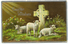 Easter Sheep Lambs Cross Rays of Sun Flowers Postcard picture