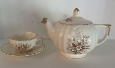 Vintage Ivory Teakettle With Painted Daises And Florals. Matching Tea Cup picture