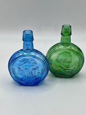 VTG Wheaton Lot of 2 Miniature Carnival Glass Bottles Presidential Green Blue picture