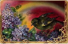 Gold Embossed Bird Flowers Rainbow Antique Vintage Germany Postcard c1910 picture