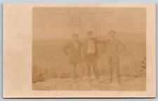 Postcard Three Older Men, View of Maine Landscape, Hebron? 1913 RPPC N98 picture