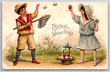 Victorian Easter~Boy & Girl Toss Colored Eggs into Net~Basket~Germany ASB 1909 picture