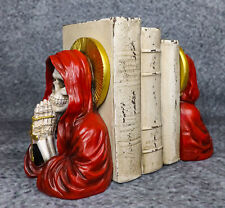Day of The Dead Gothic Red Santa Muerte With Gold Halo Rosary Cross Bookends Set picture