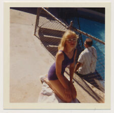 STYLISH YOUNG WOMAN in PURPLE SWIMSUIT & CAT EYE GLASSES vtg 60's COLOR photo picture
