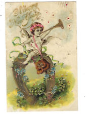 c.1907 A Happy New Year Angel Trumpet Horn Horseshoe Baby Embossed Postcard picture