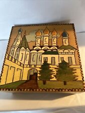 Vintage Handcrafted Wooden Trinket Box Scenery Architecture Jewelry Box 4” picture