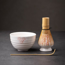 White Cherry Ceramic Matcha Set with Bamboo Whisk and Chasen Stand picture