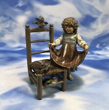 As Is Antique Vienna Bronze Style Painted Girl with Birds & Chair Metal Figurine picture