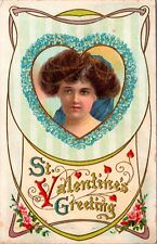 Valentine's Day Postcard Beautiful Victorian Woman Blue Flowers Hearts picture